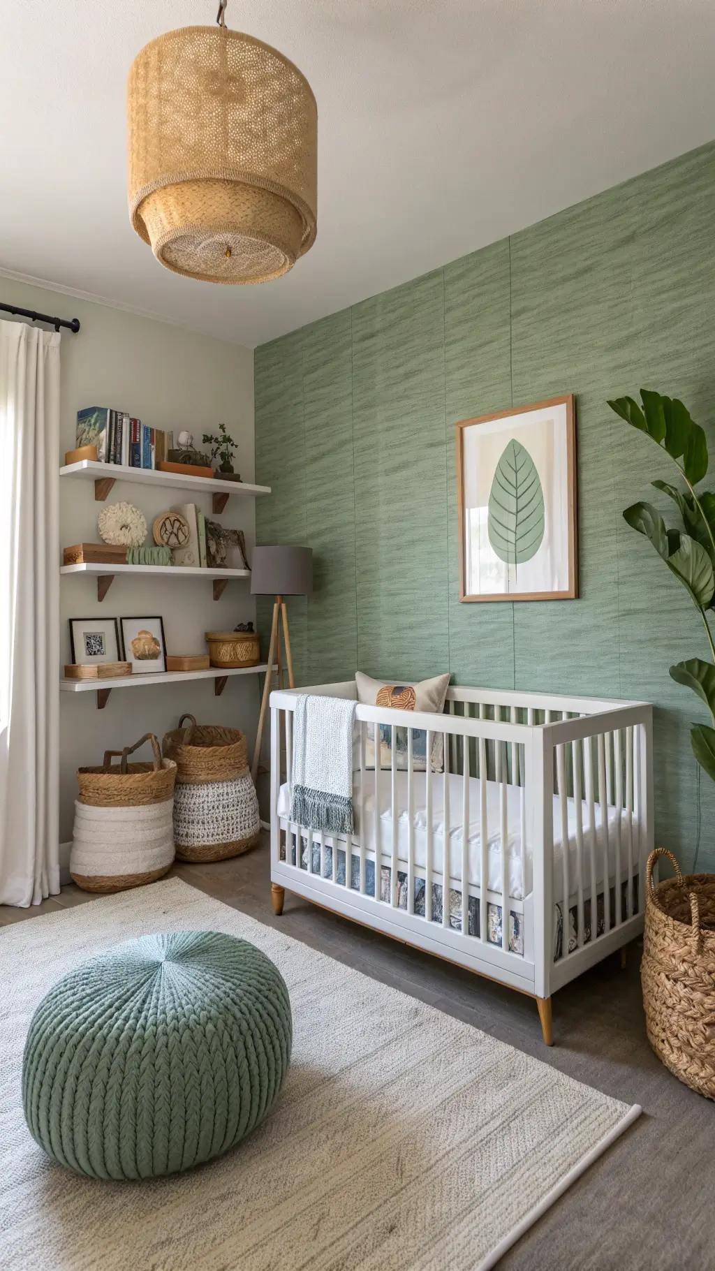 Elevated view of a peaceful 11x13ft nursery at dusk featuring sage green grasscloth wallpaper, modern acrylic crib with brass details, floating wooden shelves displaying toys and books, an oversized leather pouf, sleek floor lamp, preserved eucalyptus branches, handwoven baskets, and a vintage Moroccan rug.
