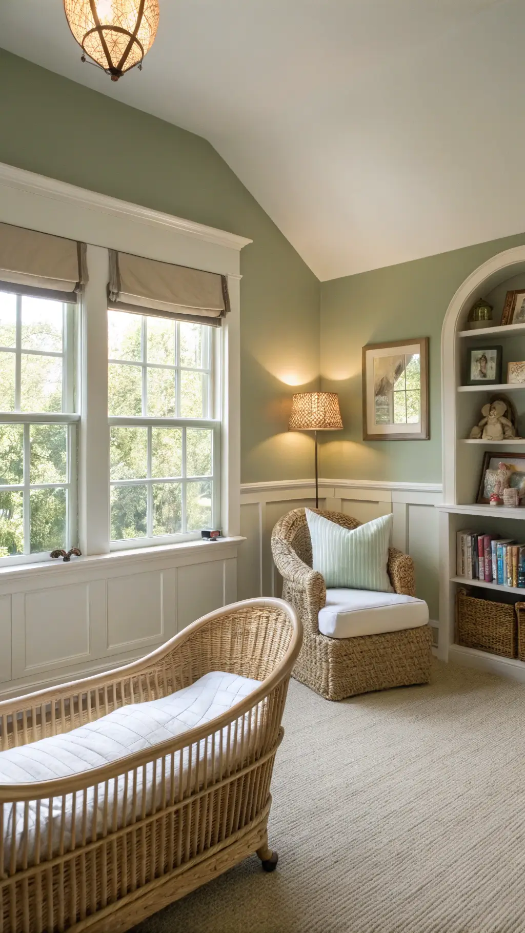 Sunny 14x15ft nursery featuring two-tone sage and greige walls, curved rattan daybed under arched windows, and built-in bookshelves with organized baskets and treasures; addition of layered lighting and captured in a symmetrical shot to highlight textural details.
