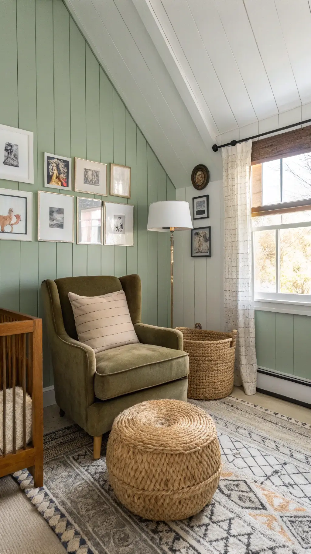 Sunrise illumination in a cozy 12x12ft nursery featuring sage green vertical shiplap, a modern velvet wingback glider, brass floor lamp, floating book ledges, natural fiber roman shade, a wool berber carpet, leather pouf, woven hamper, and black and white family photos for a warm, intimate ambiance.