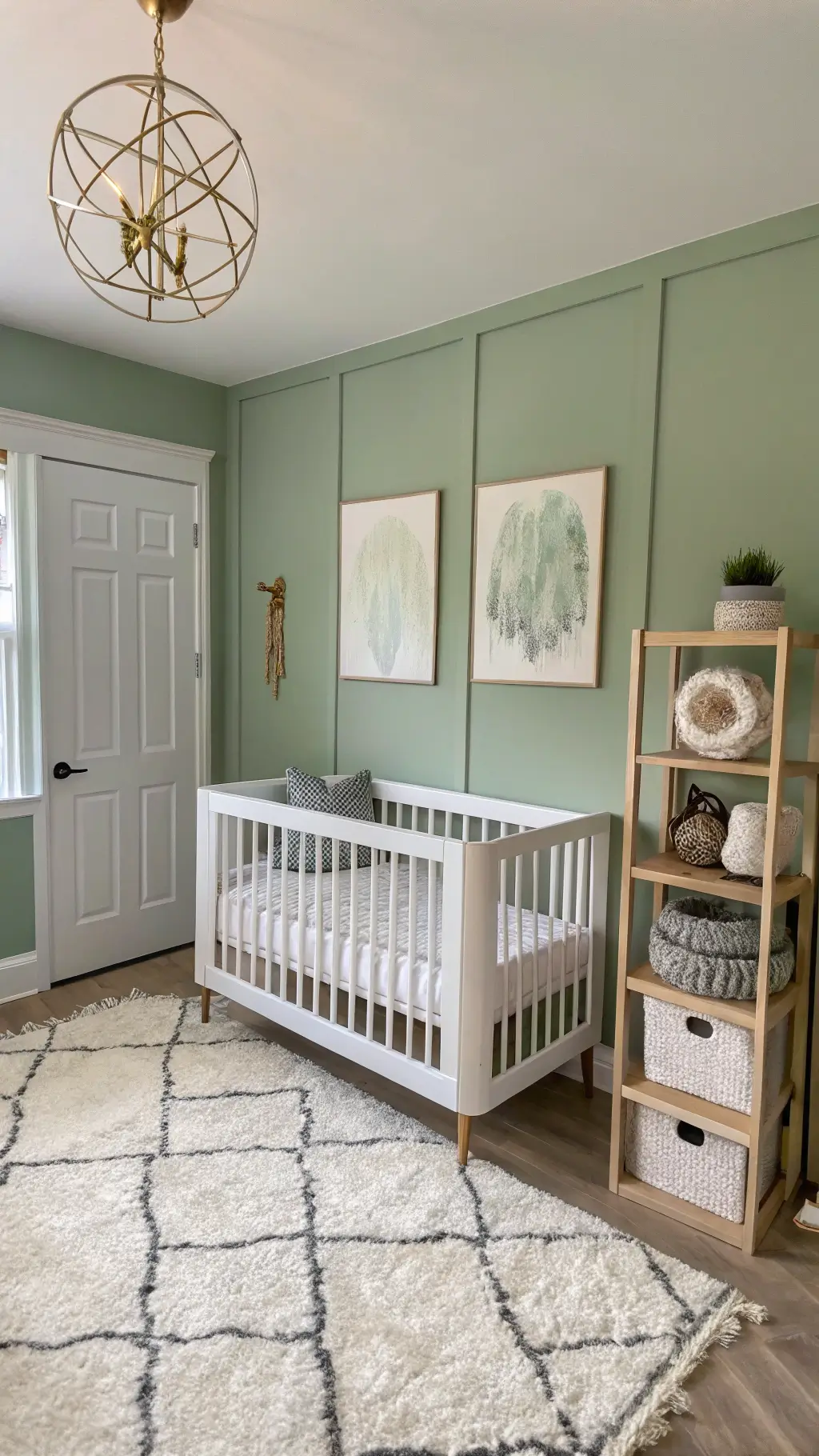 Minimalist-style nursery with sage green walls and white trim, featuring a white crib, abstract art, a modern mobile, and a lucite and brass étagère filled with curated objects.