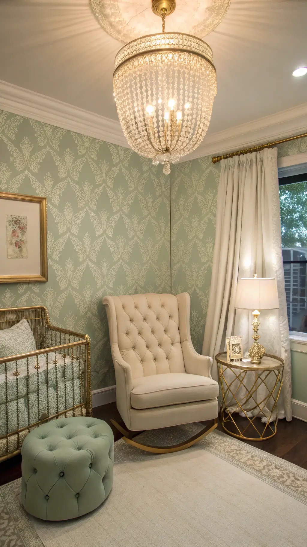 Luxurious nursery at twilight with sage green damask wallpaper, cream velvet glider, brass side table, arc lamp, crystal chandelier, silk drapery and metallic woven baskets