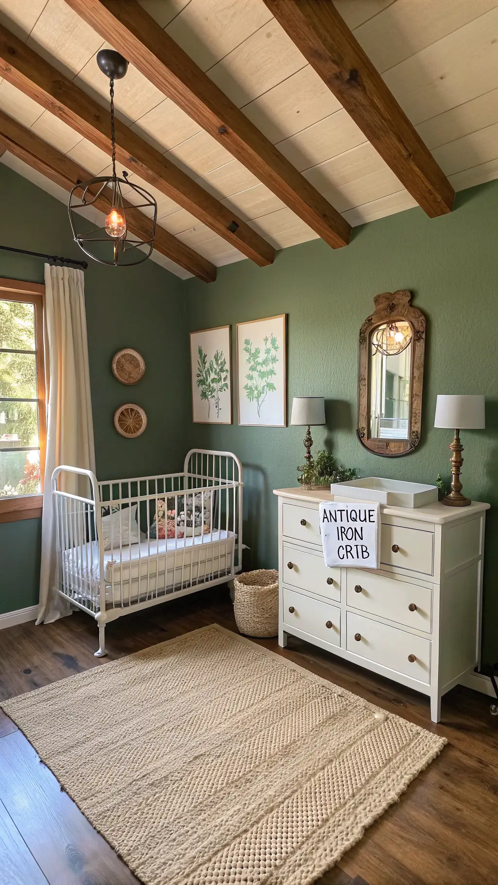 11x14ft rustic-modern nursery in late afternoon sun with sage green walls, wooden beams, a white vintage iron crib with organic bedding, antique mirror on distressed dresser, hand-drawn botanical prints between weathered brass sconces, and layered braided jute and seagrass rugs