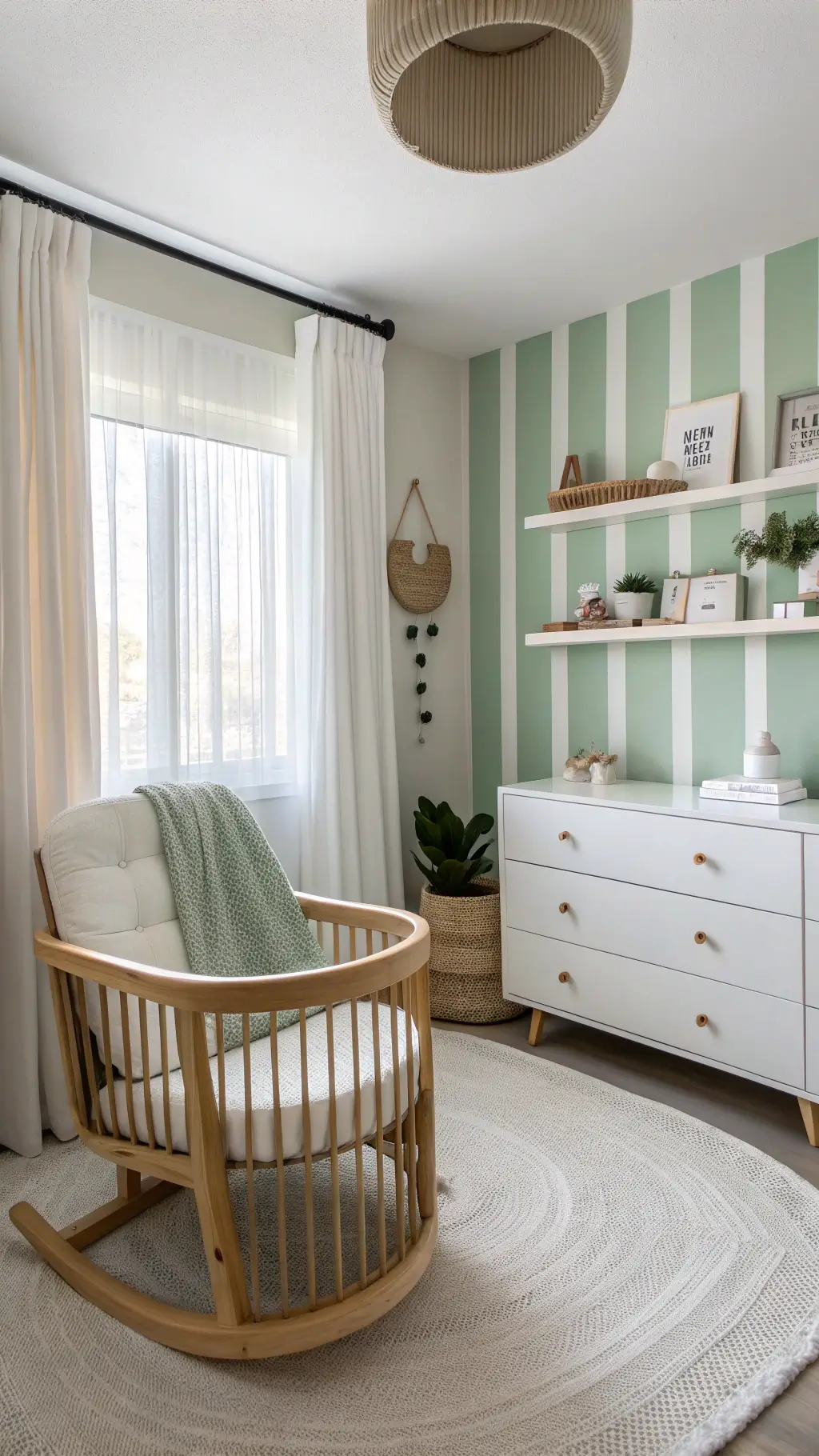 Airy nursery with sage green and white striped accent wall behind modern oval crib, Scandinavian-style rocker, floating shelves with natural objects, textural white curtains, and a minimalist dresser, bathed in midday light.