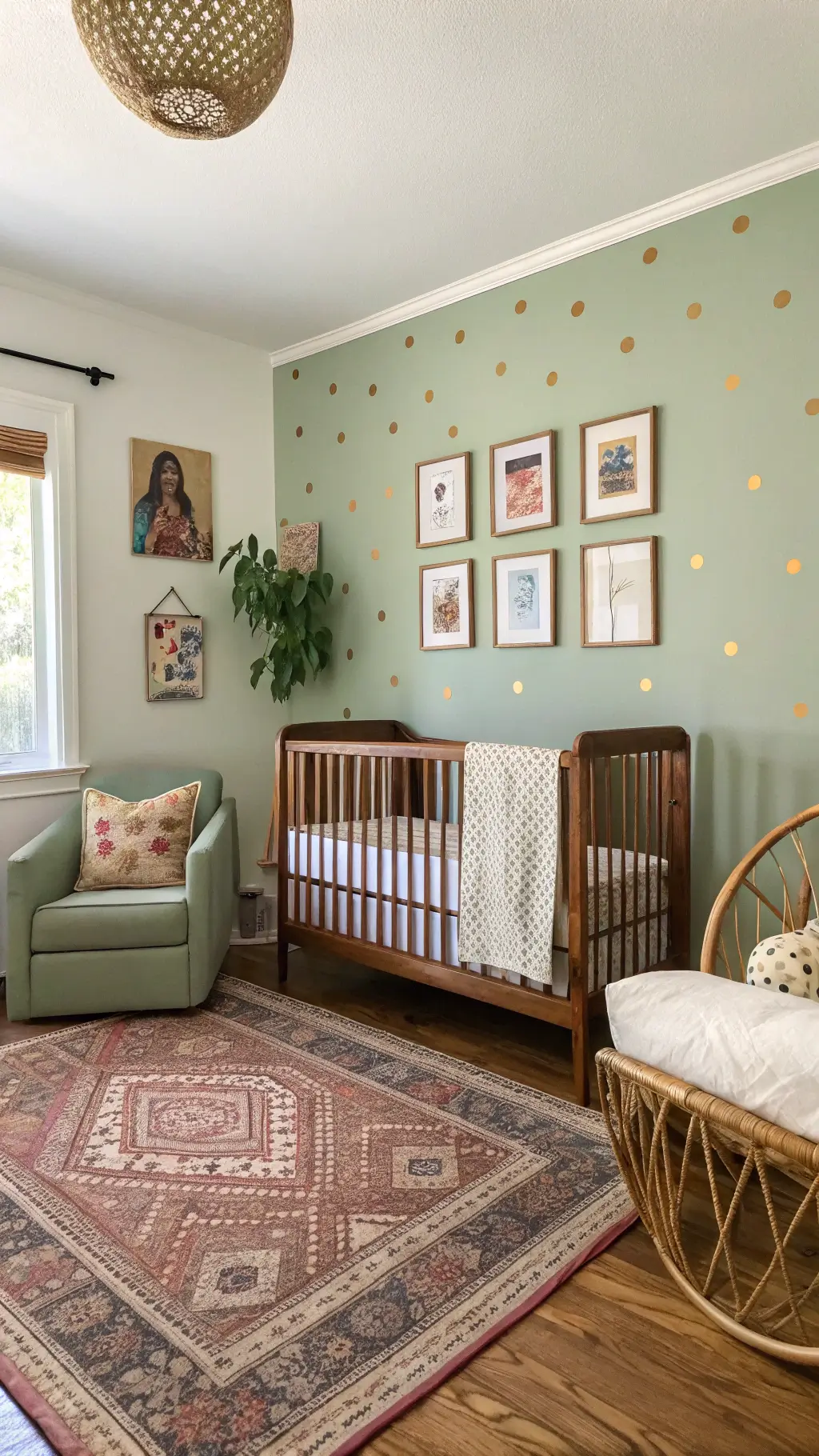 Morning light shining on 12x13ft eclectic nursery with sage green walls adorned with gold polka dot decals, a mid-century modern crib, vintage Persian rug, and a gallery wall blending modern art and family photos in brass frames. The room features a rattan peacock chair reading nook and global-inspired textiles for added personality, all captured with a wide-angle lens and spot lighting emphasis on styled vignettes.