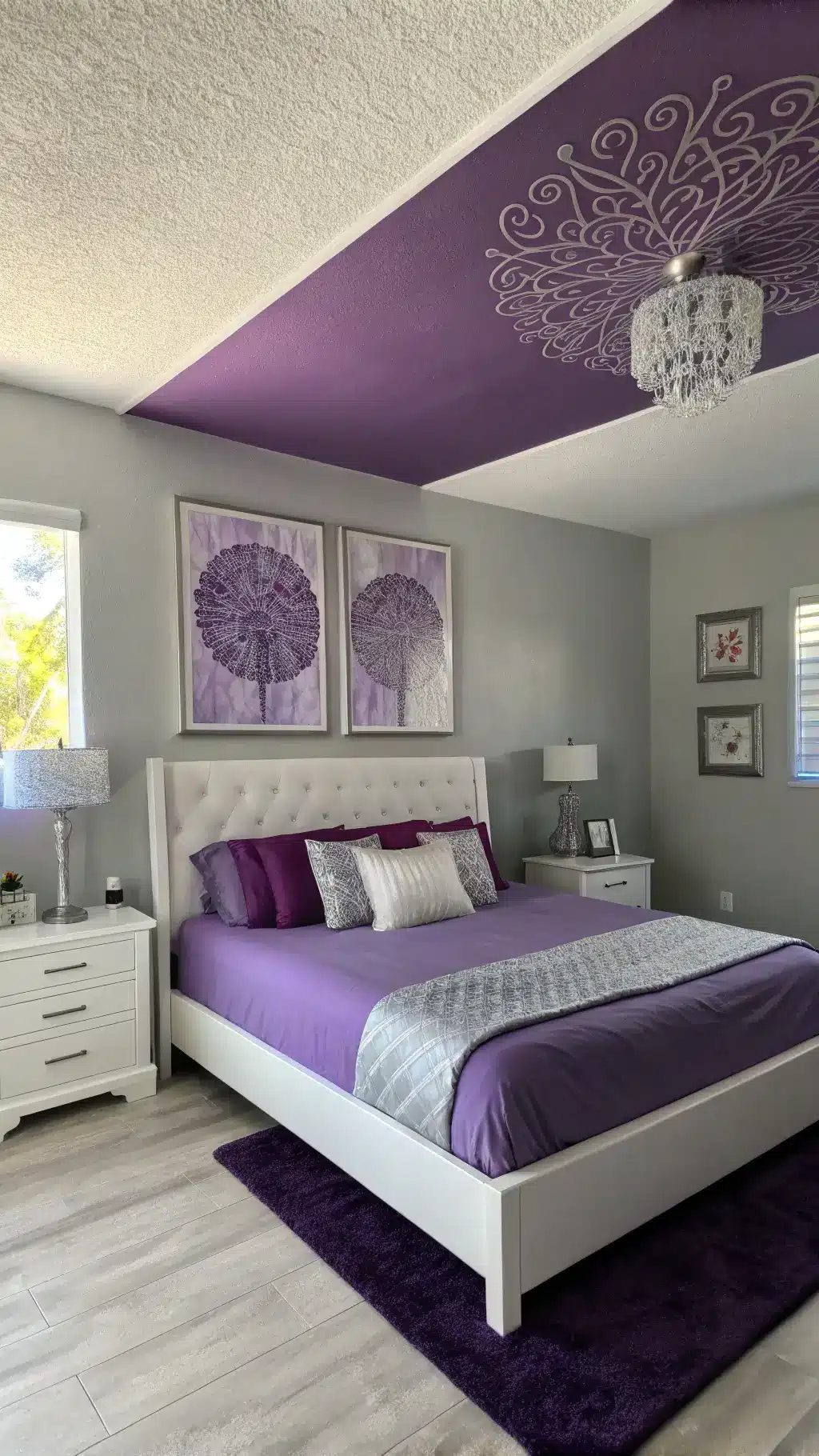 Spacious modern bedroom with deep purple statement ceiling, light grey walls, minimalist white California king bed with ombré purple bedding, large-scale purple and silver abstract art on the far wall, Lucite side tables with metallic accents, captured in bright natural light with a wide lens shot.