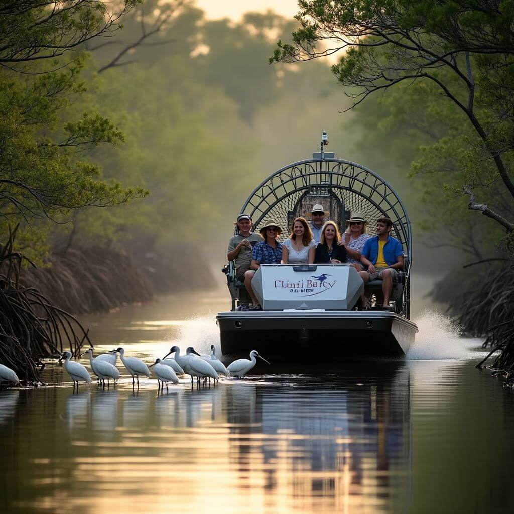 Airboat tour navigating through a mangrove-water trail during early morning with a flock of white ibises in the shallow water