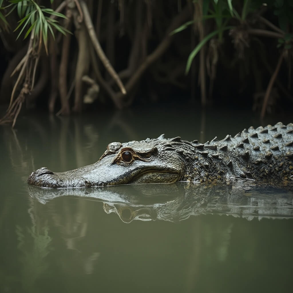 Close-up of alligator in murky water with mangrove vegetation in background