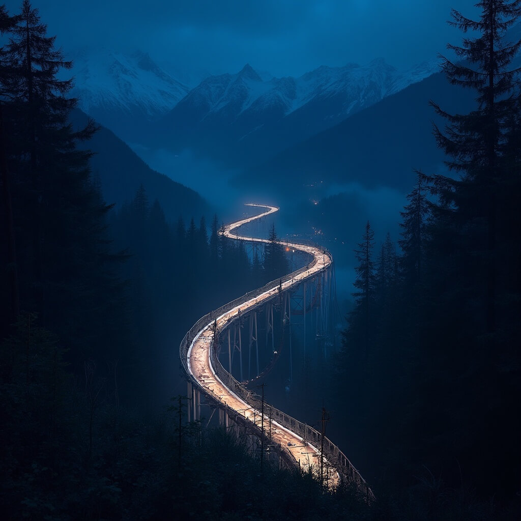 Nighttime alpine coaster with LED track lighting winding through dark mountain forest
