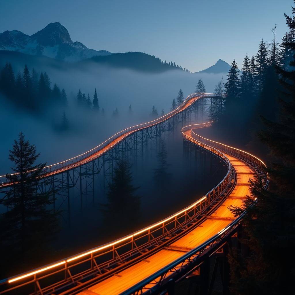 Twilight shot of illuminated alpine coaster track winding through misty mountains with light trails and surrounded by dense pine forest
