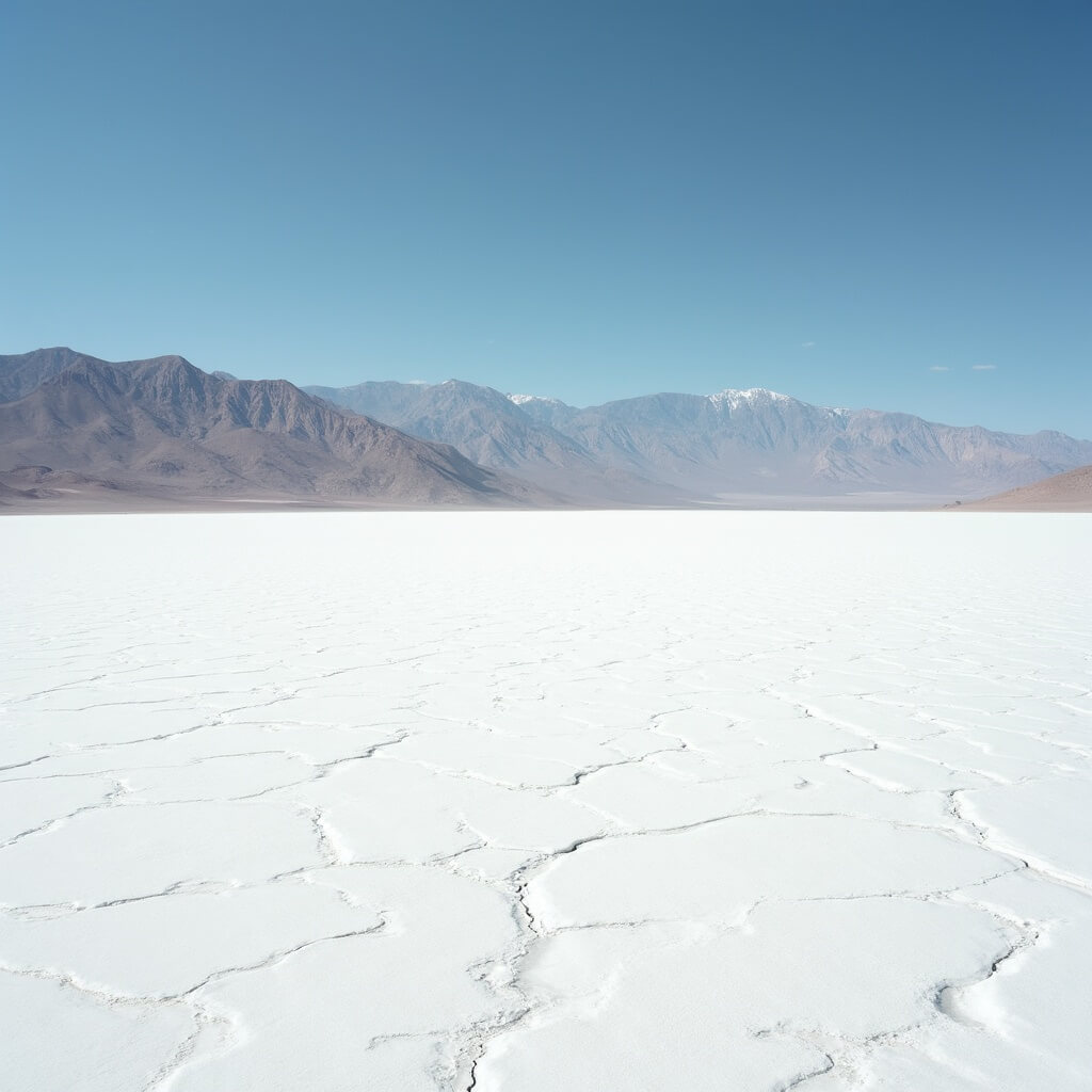 Detailed wide-angle photo of Badwater Basin salt flats with mountains in the distance under harsh sunlight
