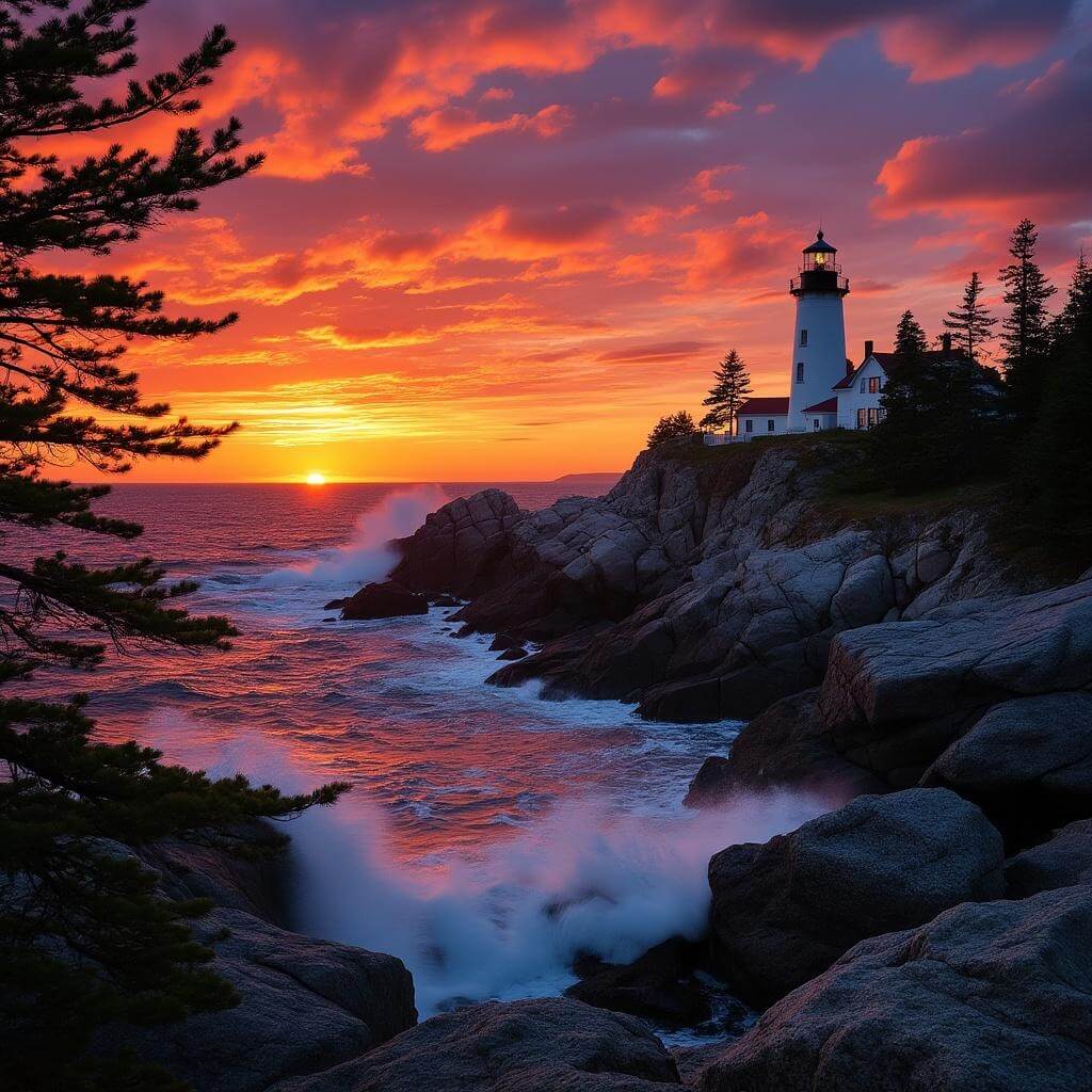 Dramatic sunset at Bass Harbor Head Light with orange and purple sky reflecting in ocean, silhouetted pine trees and white waves crashing on rocky shoreline