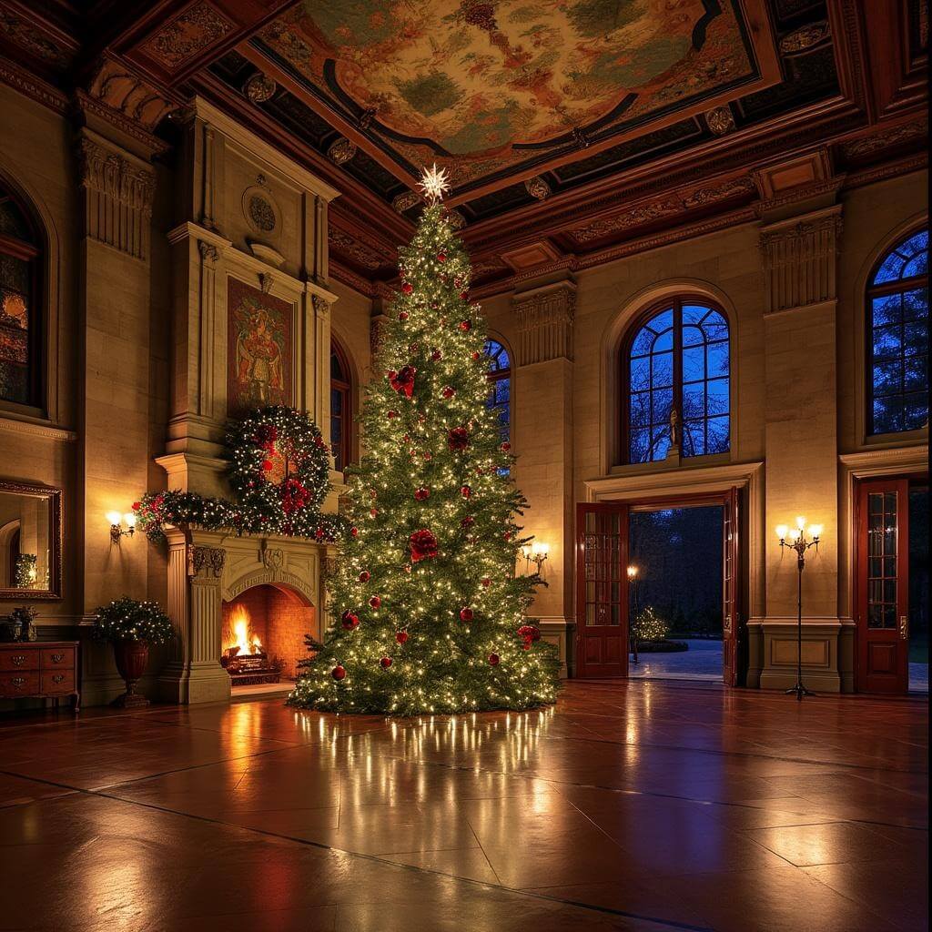 Biltmore grand entrance hall adorned for Christmas with a towering decorated tree, limestone fireplace, high ceiling, warm lighting on wooden floors and historic tapestries