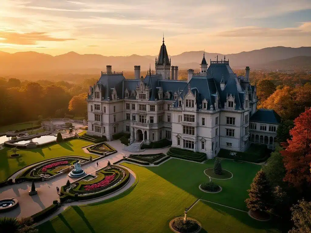 "Aerial view of Biltmore Estate at sunset, showcasing the French Renaissance chateau-style mansion, meticulously maintained gardens, and radiant fall foliage, with Blue Ridge Mountains backdrop."