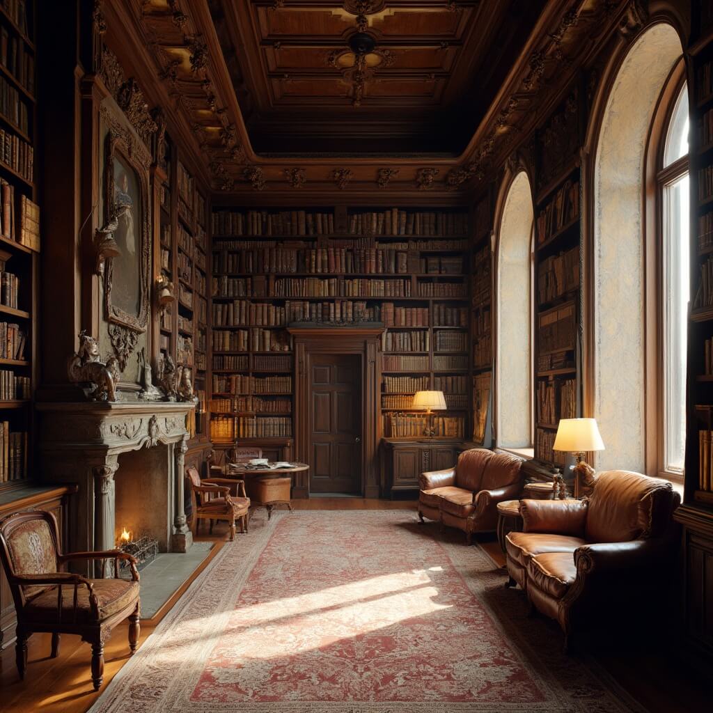 Ornate wooden bookshelves filled with leather-bound books in the Biltmore library, lit by natural light from large windows