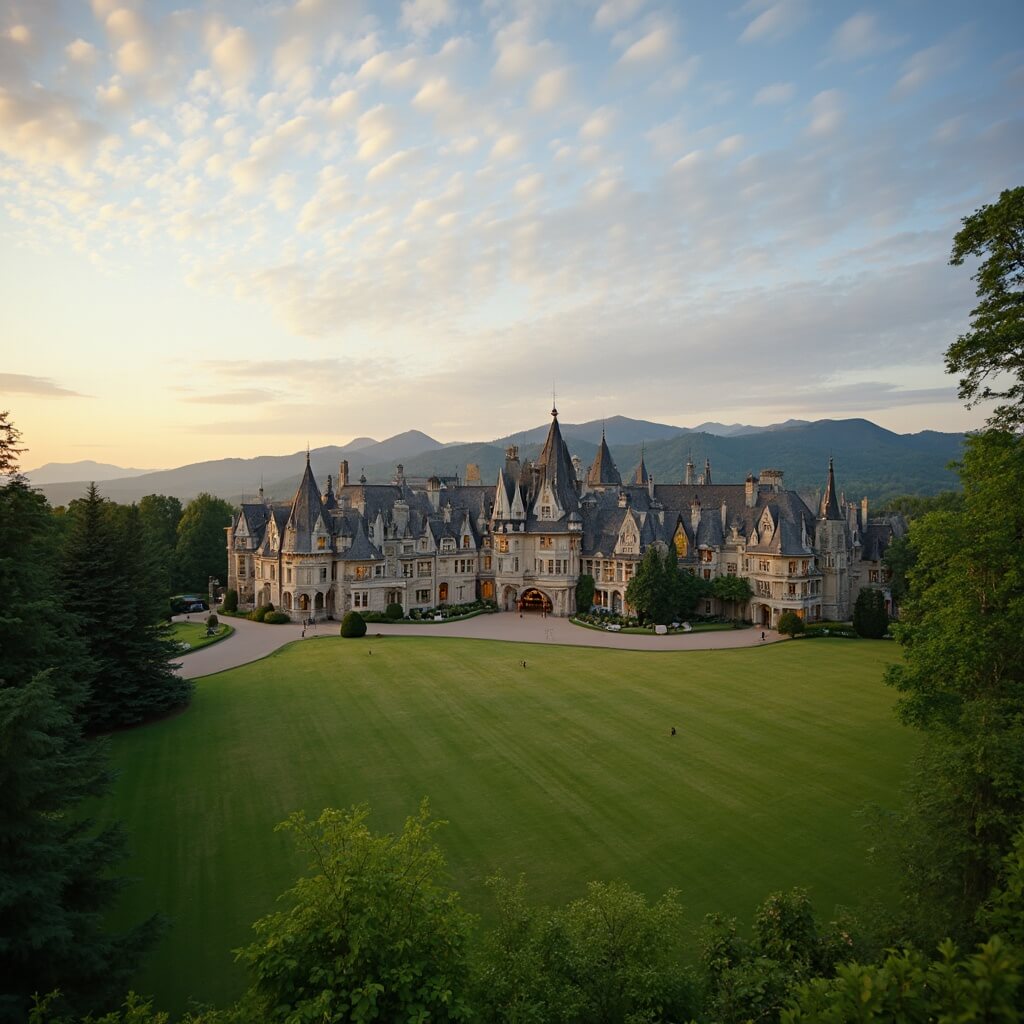 Biltmore Estate mansion's grand architecture illuminated by golden hour lighting against Blue Ridge Mountains backdrop