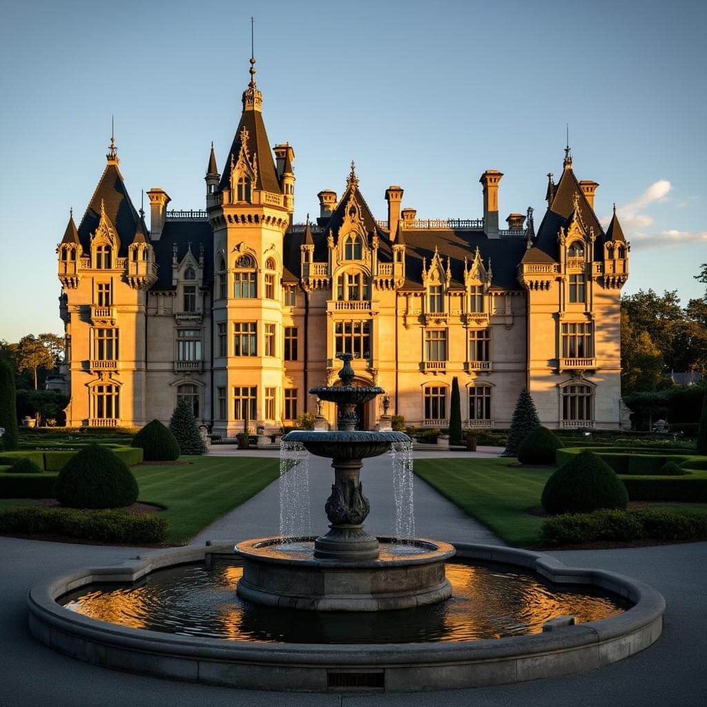 Biltmore Estate's grand limestone facade in golden hour light, showcasing its French Renaissance architecture, ornate turrets, symmetrical windows, and surrounding manicured gardens and fountains