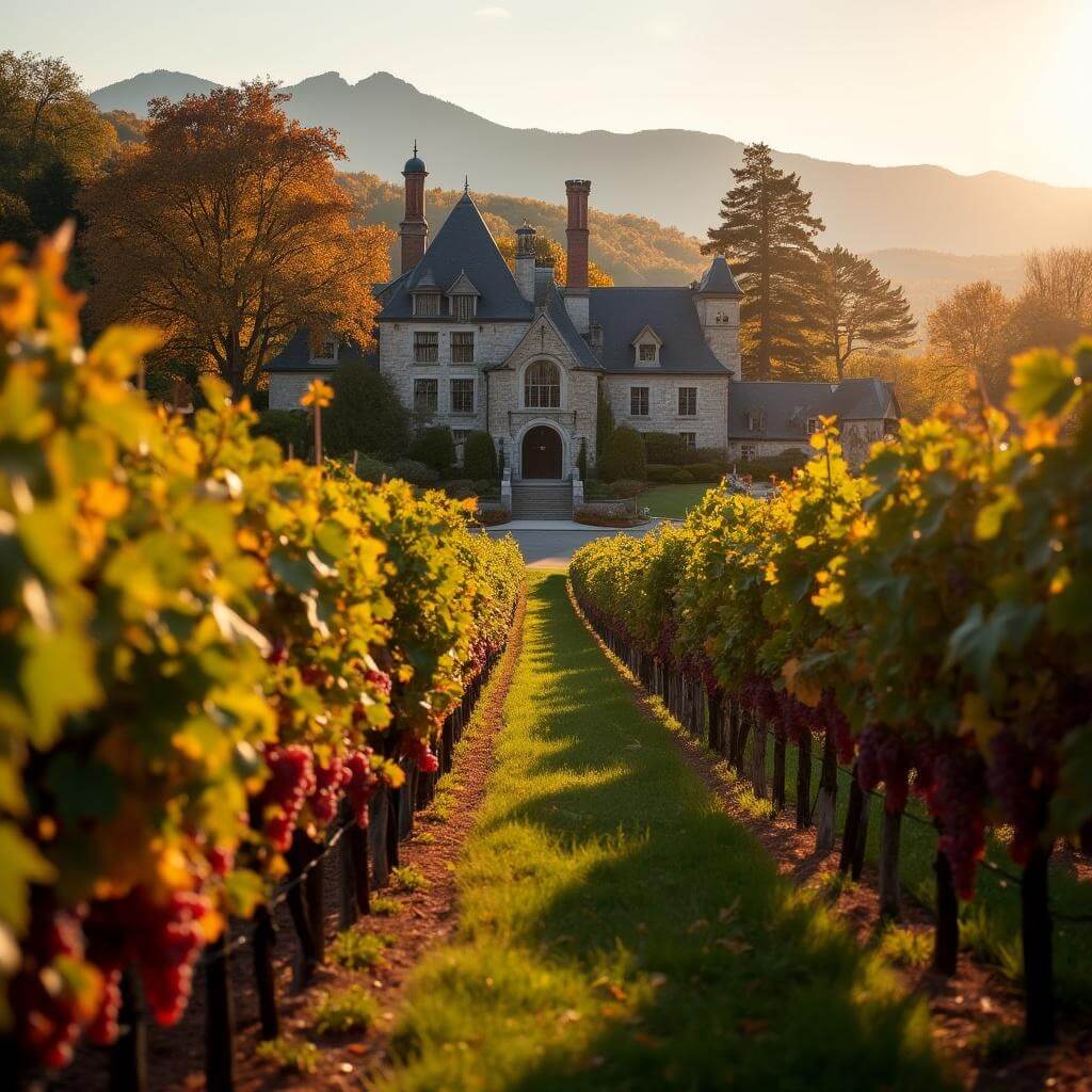 Ripening grapes in rows at Biltmore's vineyard during harvest season, with rustic stone winery, warm autumn light, and mountains in the background