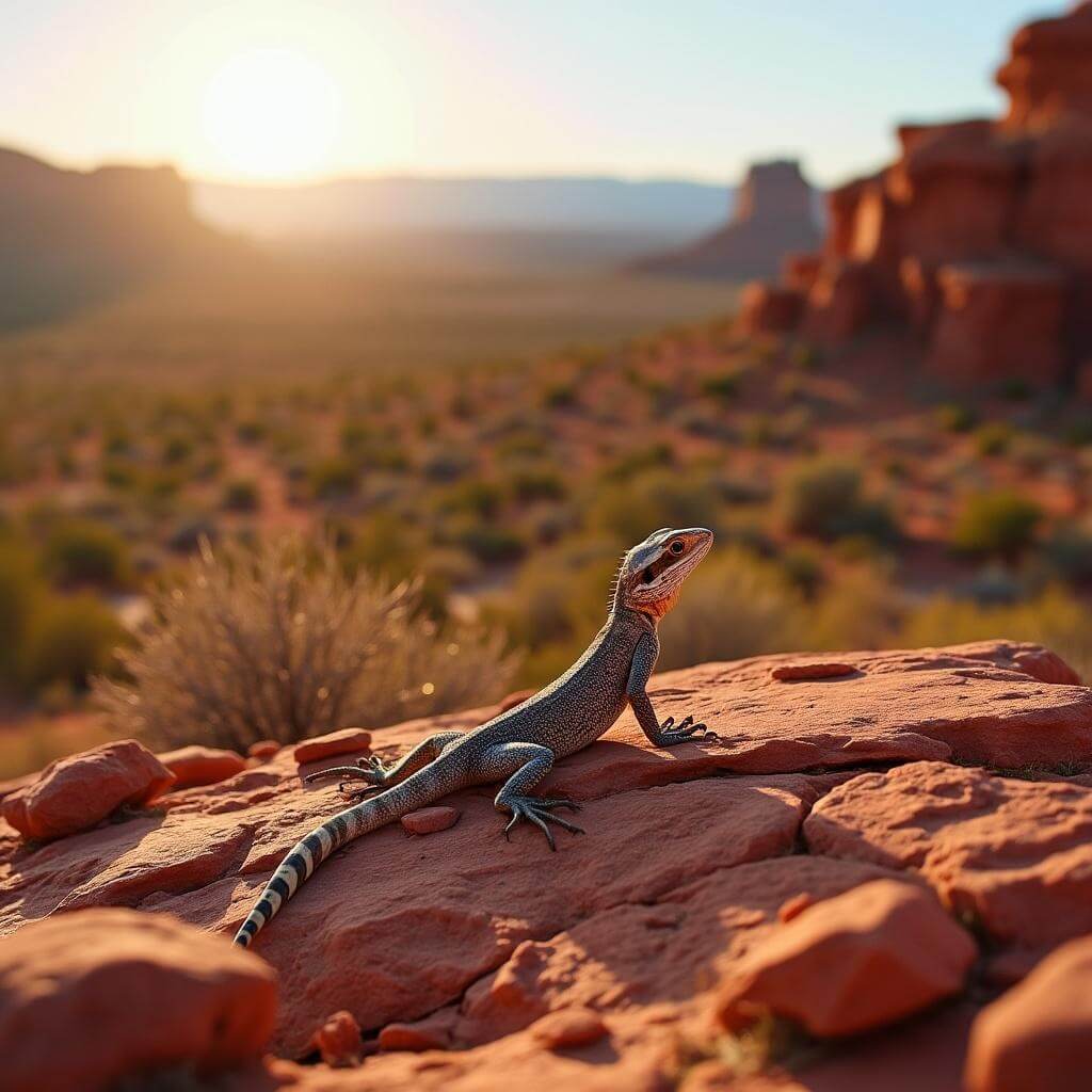 Collared lizard sunbathing on red sandstone rocks in a desert landscape during golden hour, with scattered vegetation and distant mesas on the horizon