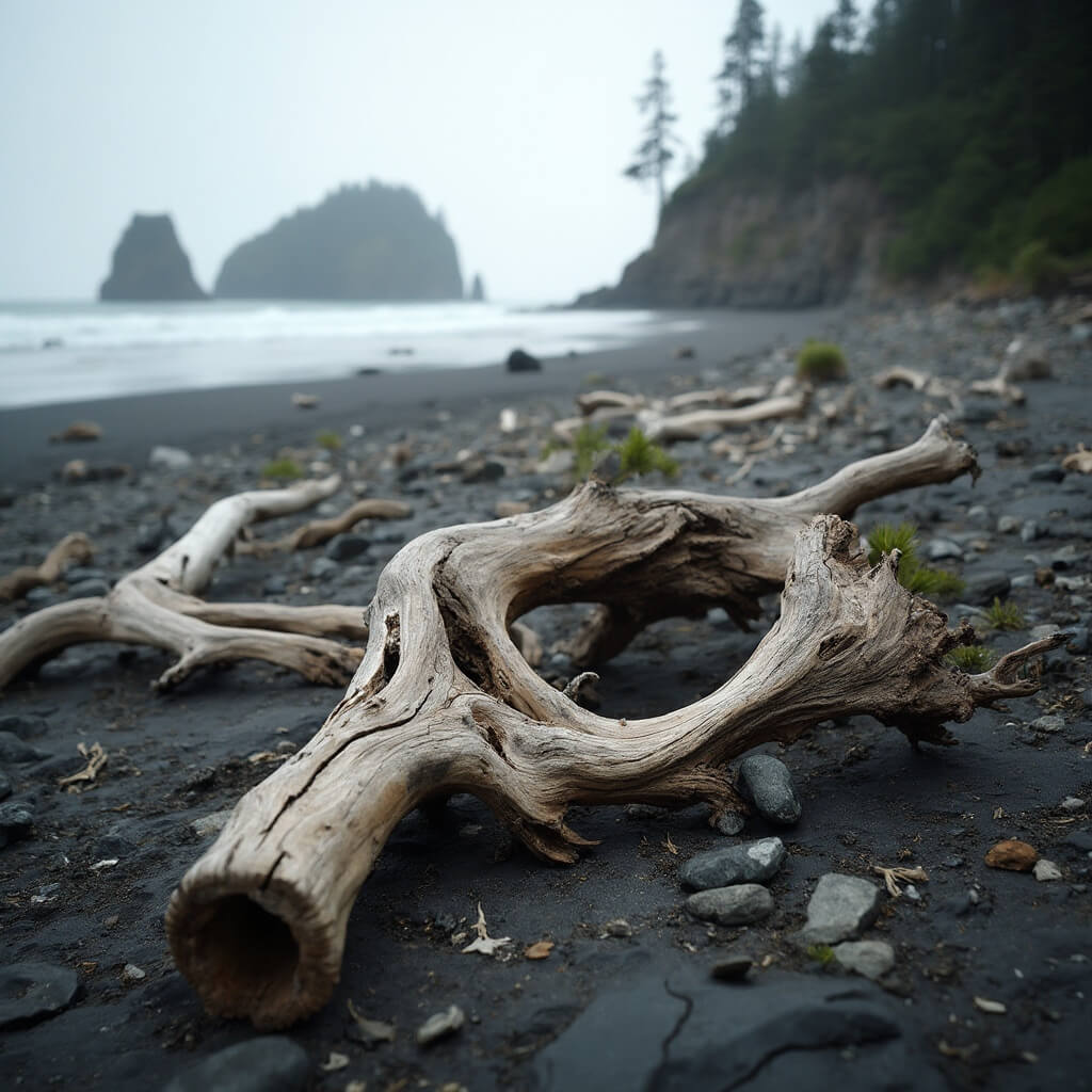 Close-up view of Crescent Beach Trail featuring weathered driftwood, rocky beach, dense forest, and sea stacks in background