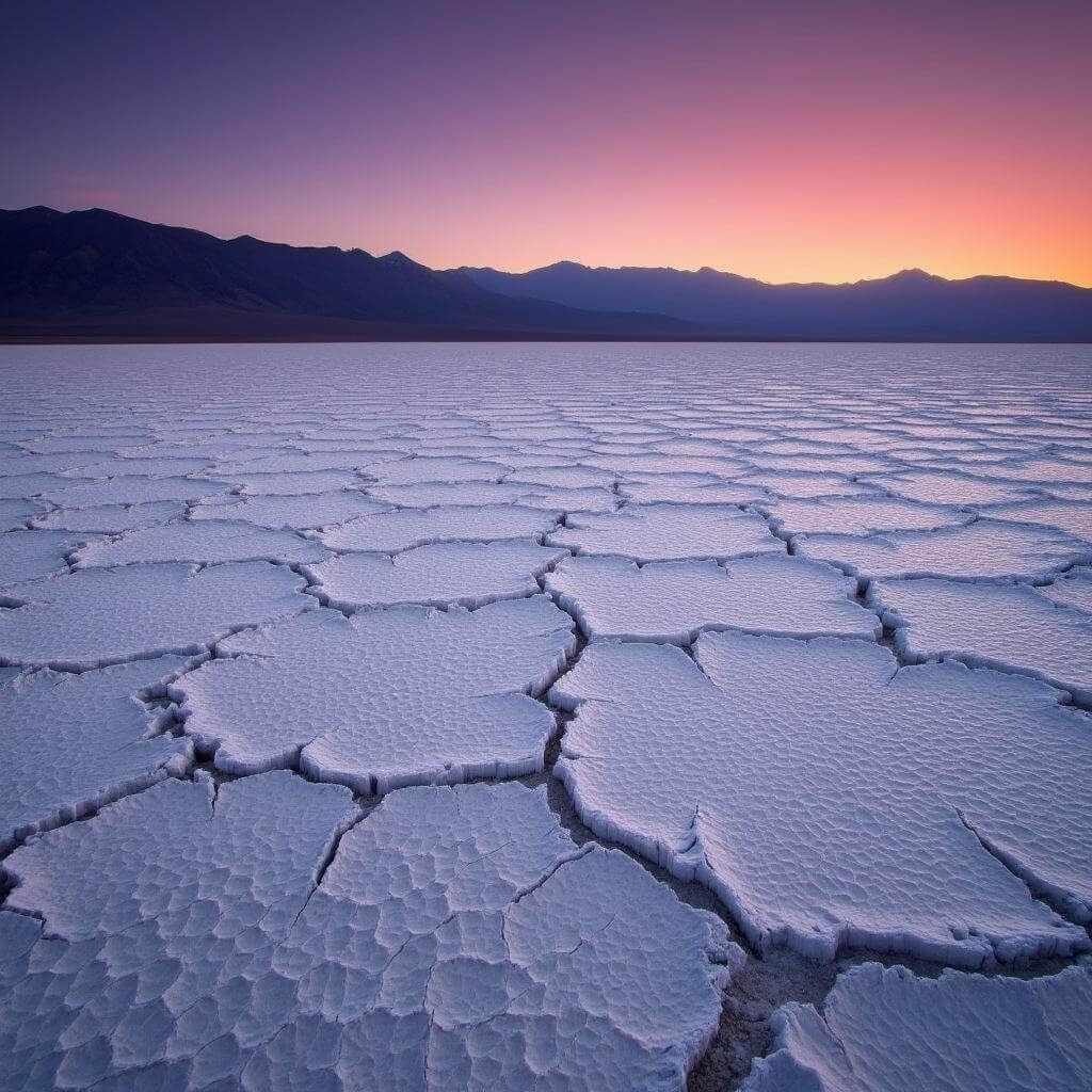 Winter sunset over Death Valley's Badwater Basin salt flats with geometric salt formations and Panamint Mountains in the background
