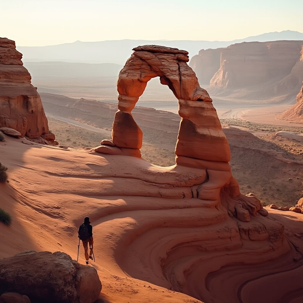 Hiker approaching Delicate Arch on sandstone ledge amidst reddish-orange rock formations in morning light