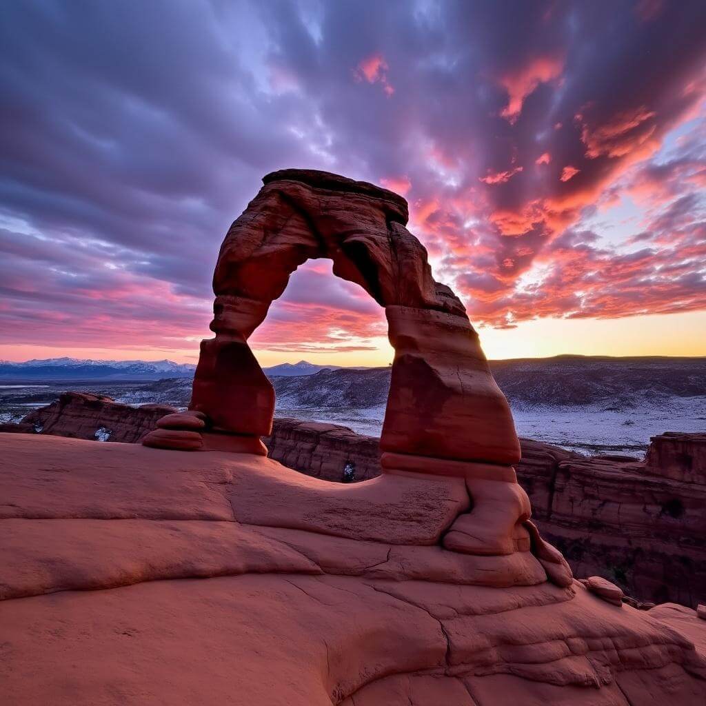 Dramatic sunset silhouette of Delicate Arch against a vibrant purple and orange sky with distant La Sal Mountains and textured sandstone foreground