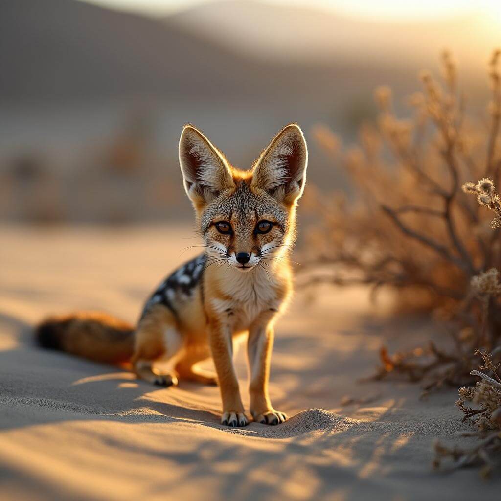 Desert kit fox with large ears standing alert in Death Valley during dawn golden hour, with sand dunes and desert vegetation in the background