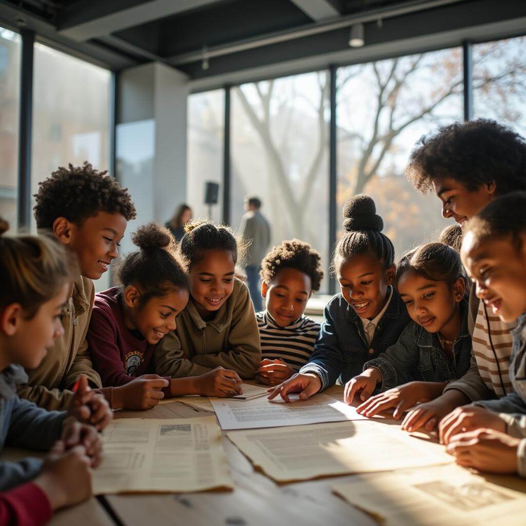 Diverse students engaged in a workshop with historical artifacts at a circular table in a sunlit modern museum classroom