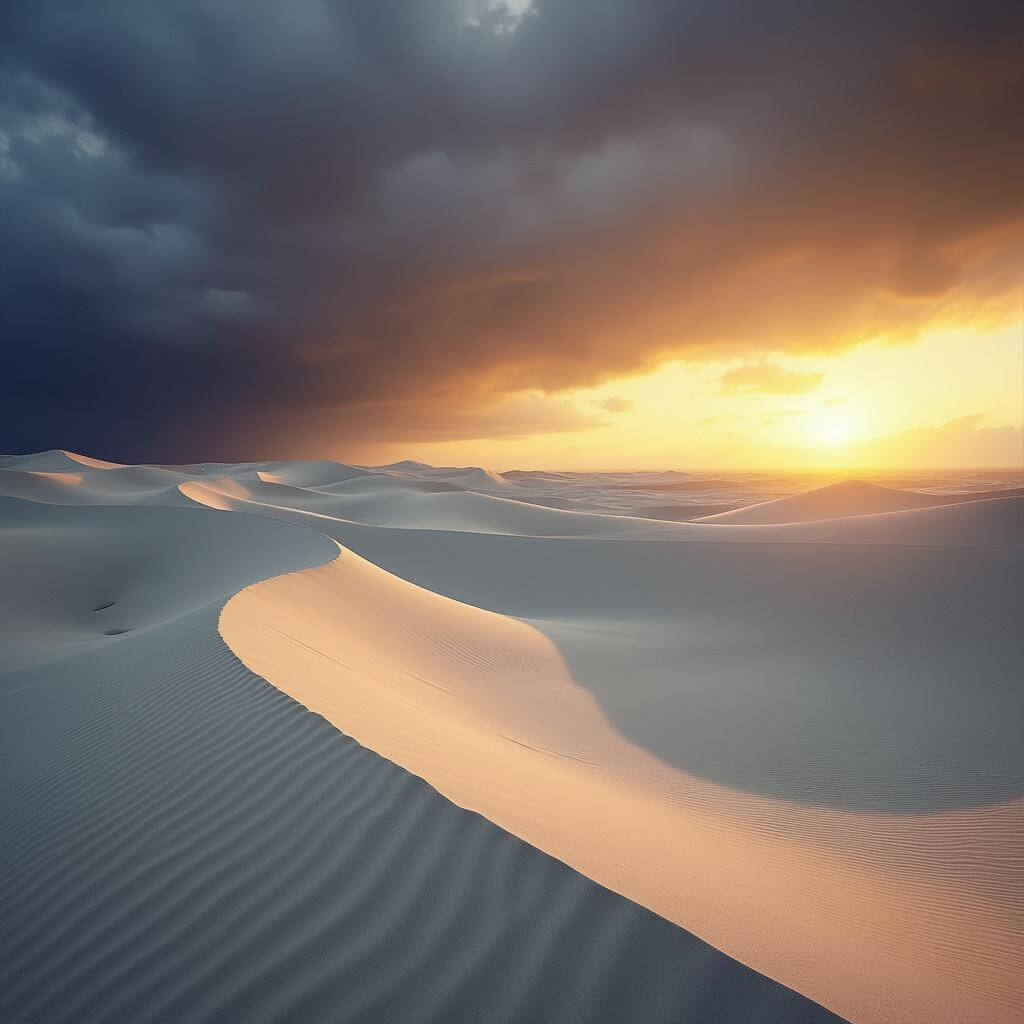 Sweeping landscape of white sand dunes at sunset with contrasting light and shadow, storm clouds in the distance
