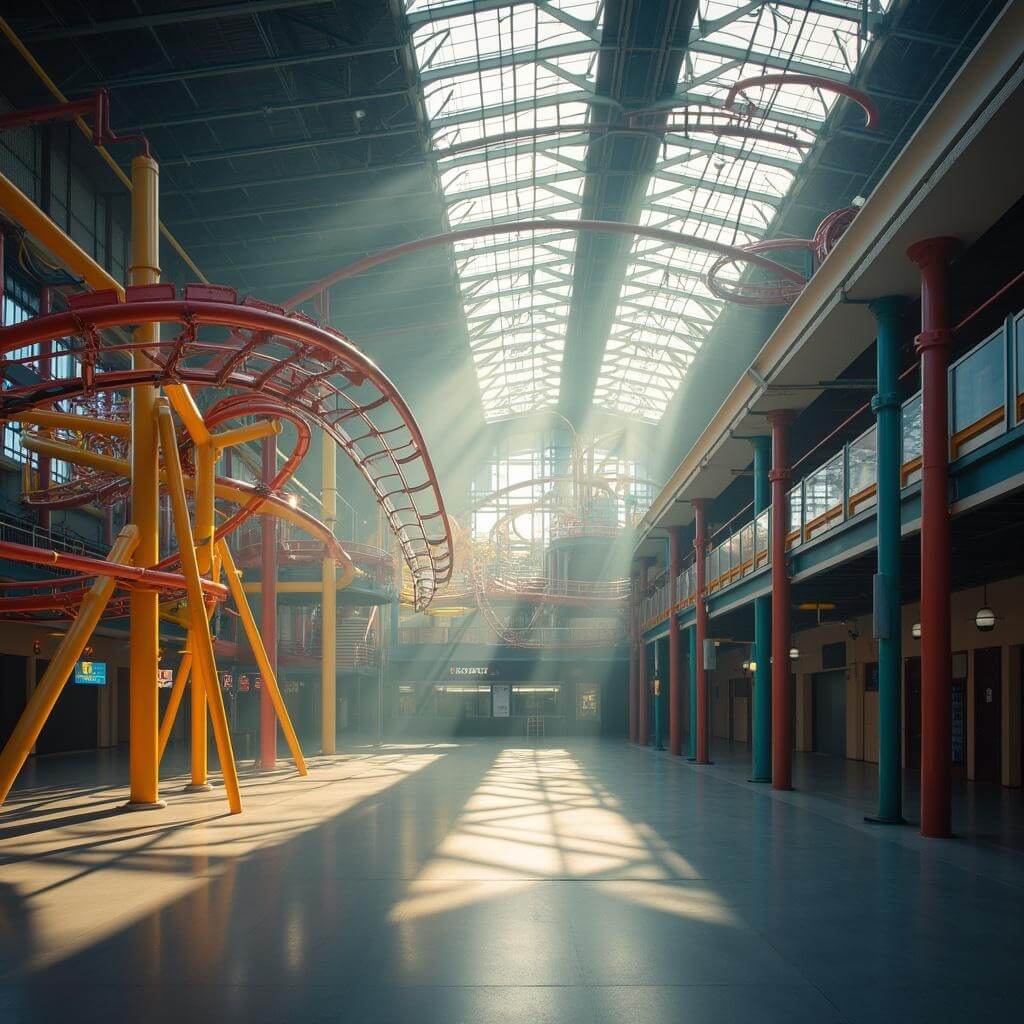 Early morning photograph of an empty indoor theme park with colorful roller coasters, skylight shadows, and pristine walkways.