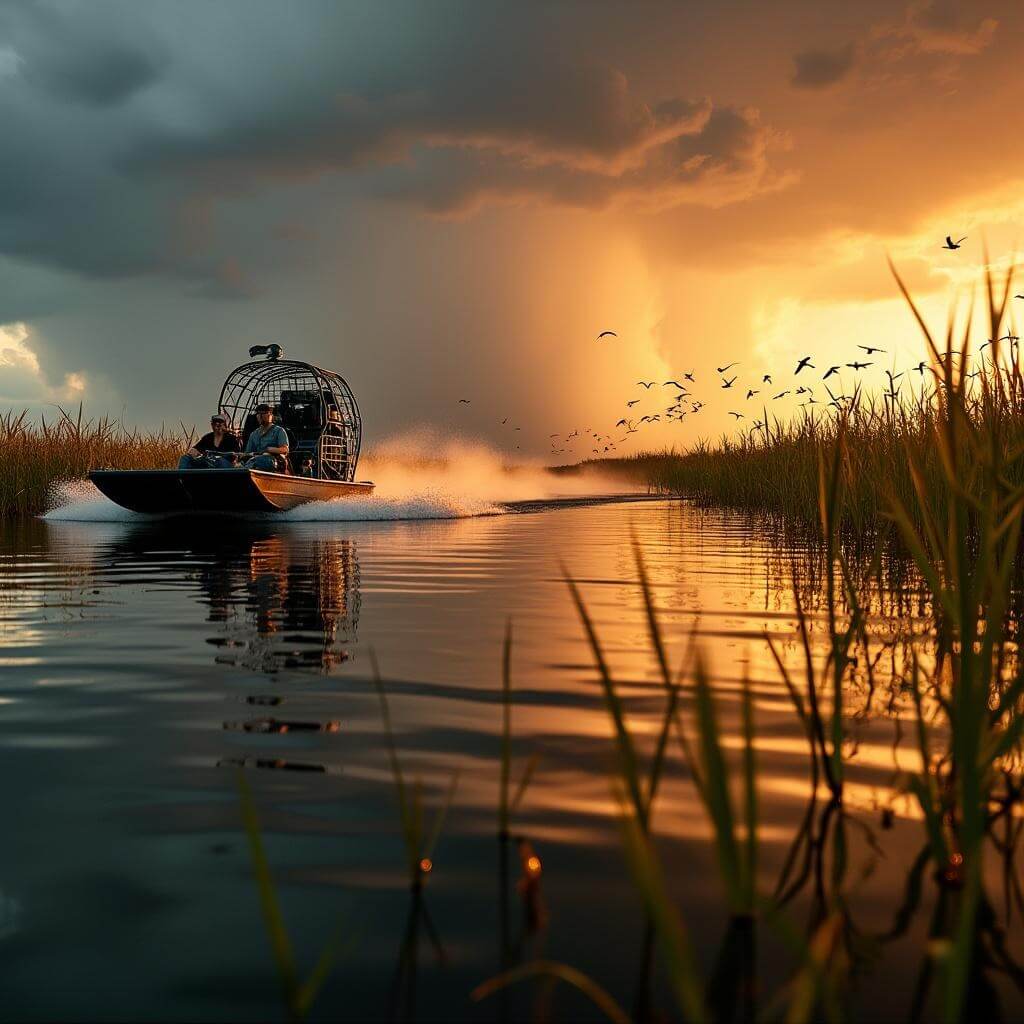Airboat gliding through tall sawgrass at sunset with thunderstorm forming on the horizon, water reflecting orange sky, and birds in flight in the background