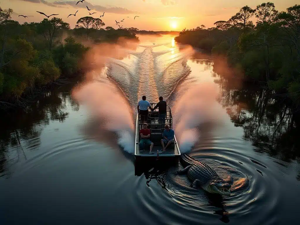 "High-speed airboat slicing through the Everglades at sunset with spray pattern, lurking alligator, rising mist, and birds in flight, framed by dense mangroves"