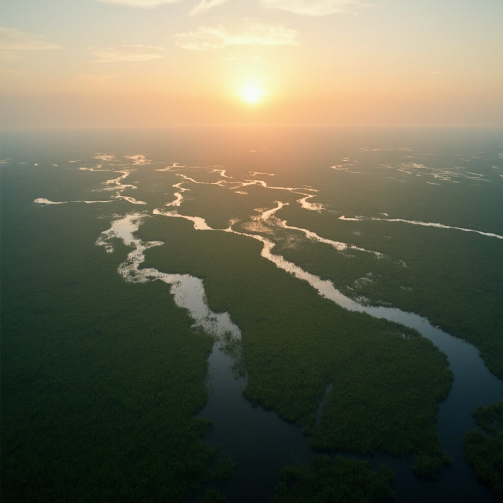 Aerial view of Everglades at sunrise with golden light reflecting on misty 'River of Grass' wetlands and dense greenery