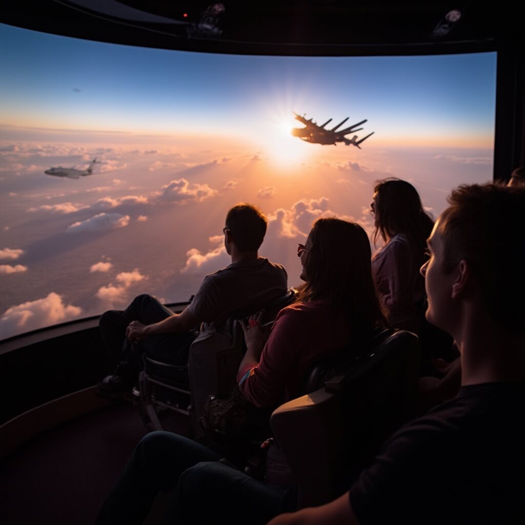 Riders experiencing the immersive simulator FlyOver America ride with dynamic lighting, indicating an exciting aerial journey across American landscapes