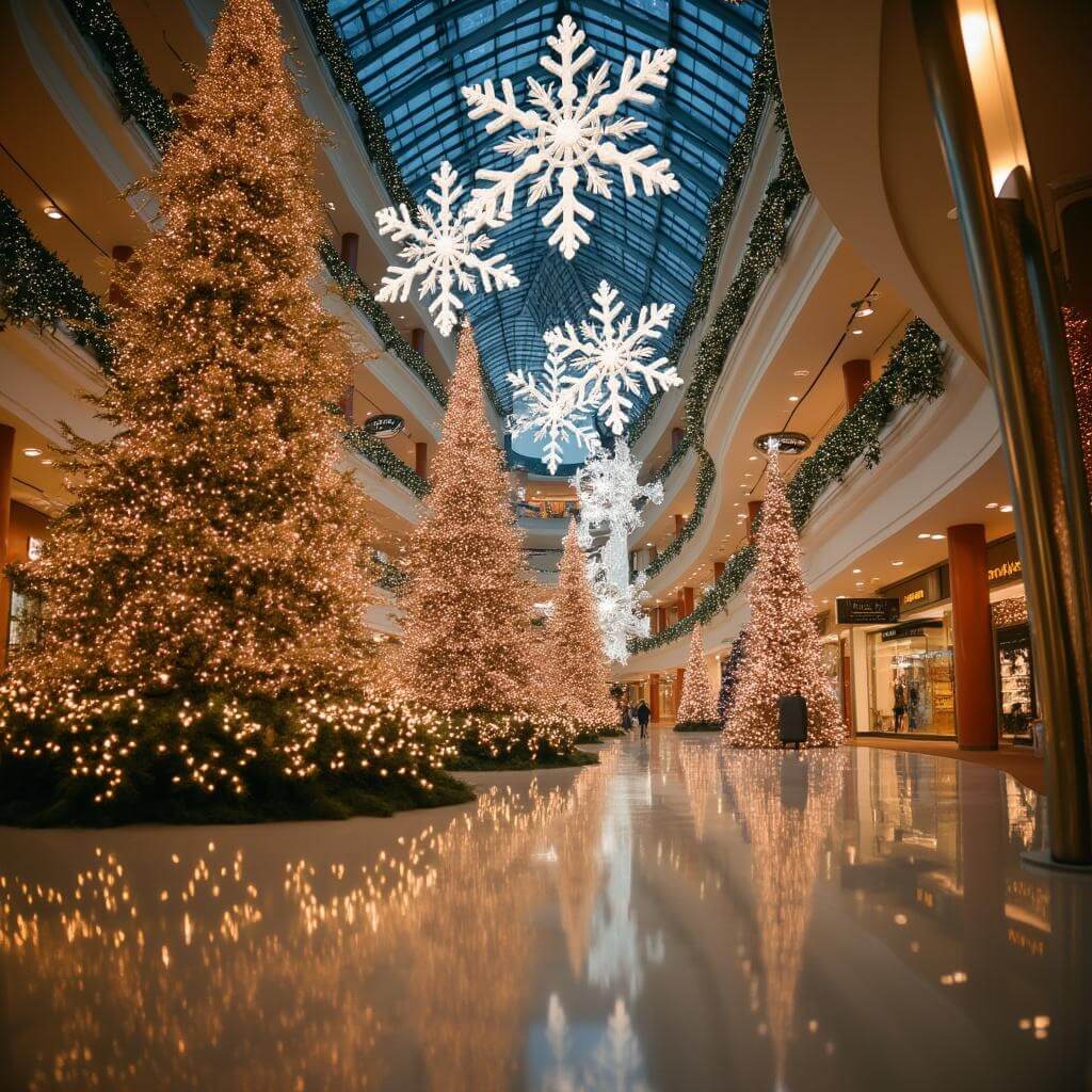Winter scene in grand mall atrium with towering decorated Christmas trees, suspended snowflakes, and gold and silver decorations with reflections on polished floor