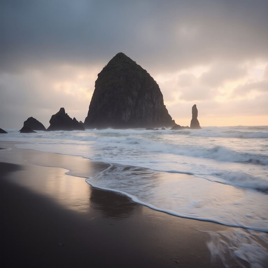 Haystack Rock at Cannon Beach during golden hour with soft waves, misty atmosphere, and dramatic lighting against the Pacific Ocean
