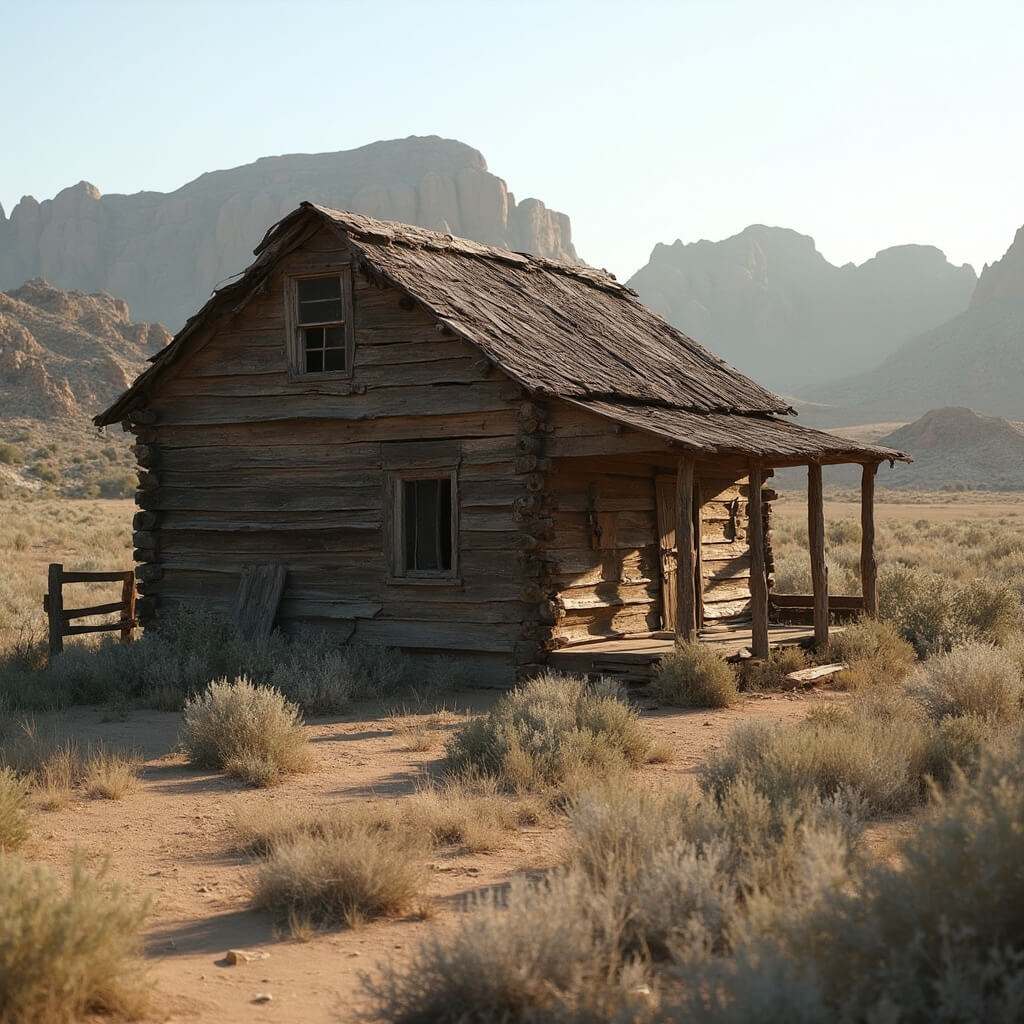 1906 Wolfe Ranch cabin in early morning light, surrounded by desert vegetation with distant rock formations in the background