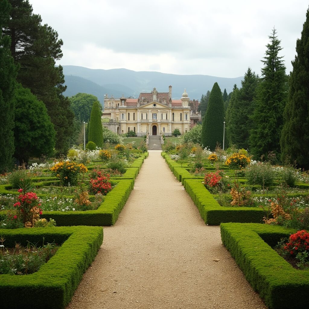 Italian-inspired formal gardens with symmetrical pathways, manicured hedges, blooming flowers and grand estate in the background under a soft overcast sky