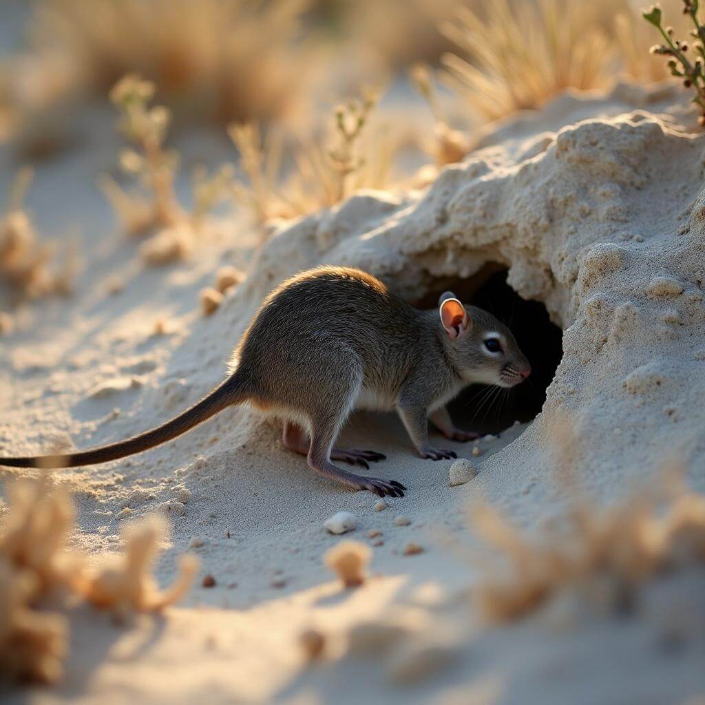 Kangaroo rat emerging from its burrow in pre-dawn light, silhouetted against white sand with details of its long tail and hind legs, surrounded by desert vegetation and gypsum crystals