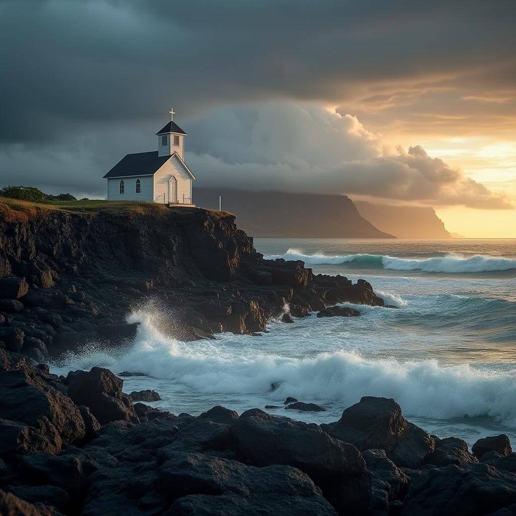 White wooden church on Keanae Peninsula at golden hour, with waves crashing on volcanic coastline and storm clouds in the distance