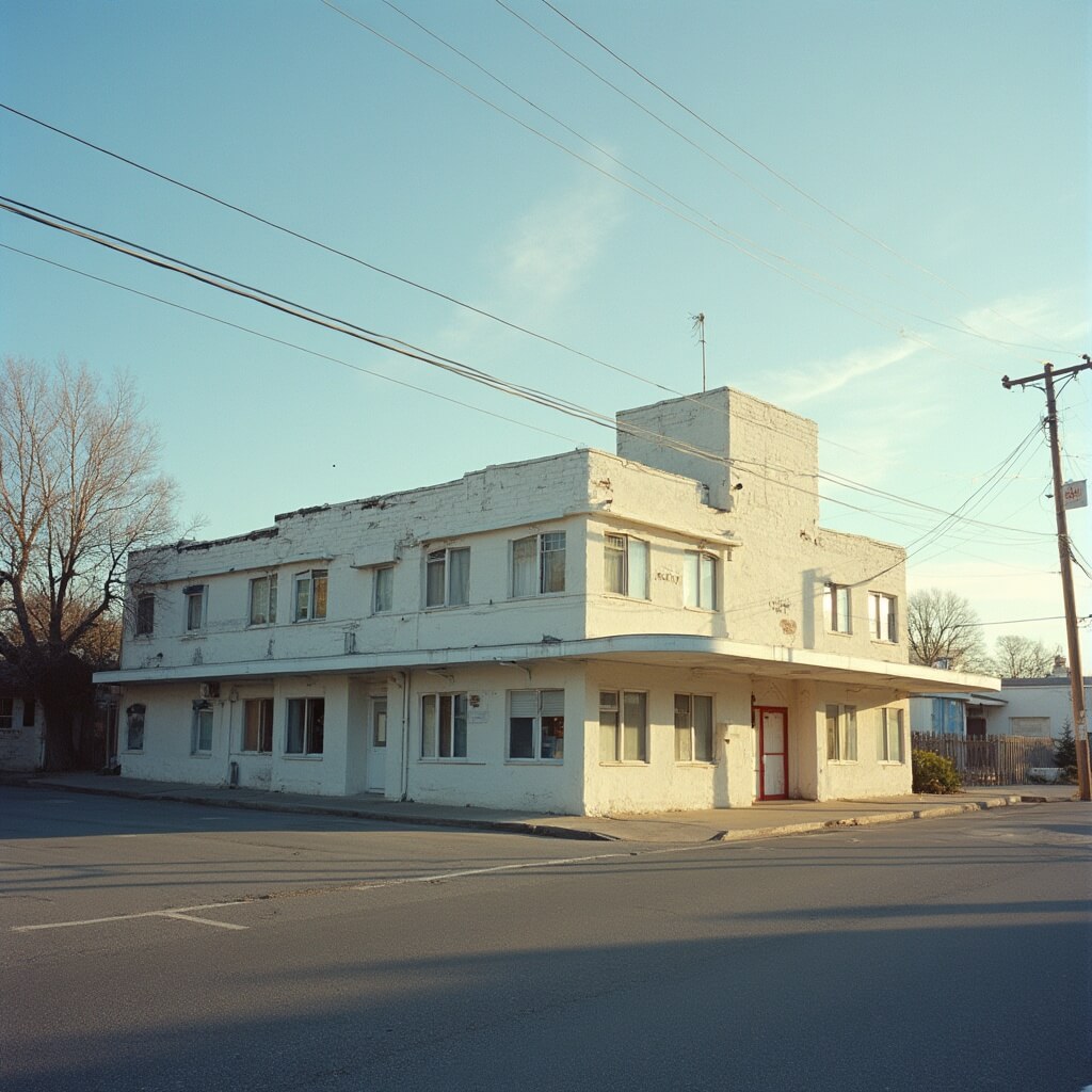 Dawn light illuminating Lorraine Motel's preserved 1960s architecture and iconic white facade