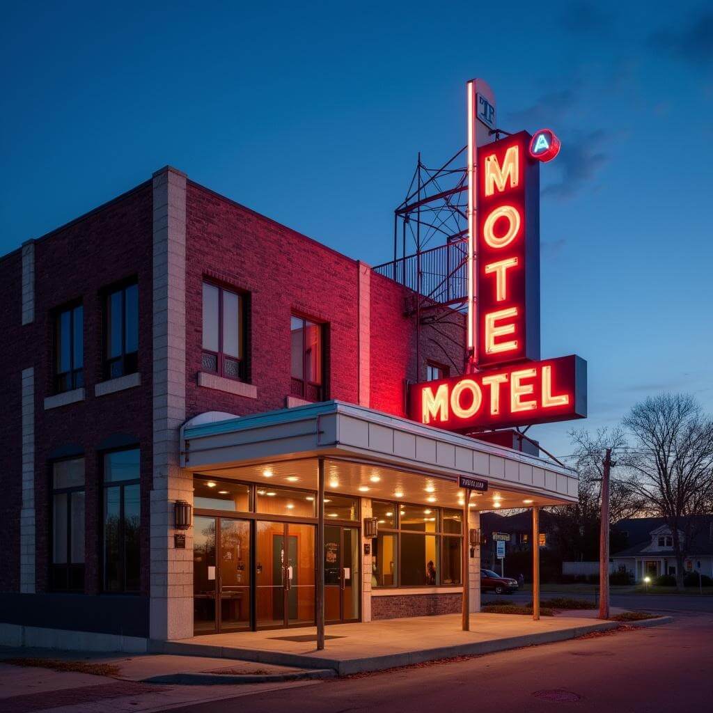 Historic Lorraine Motel facade illuminated at dusk with neon sign glowing and museum's modern addition contrasting against darkening blue sky