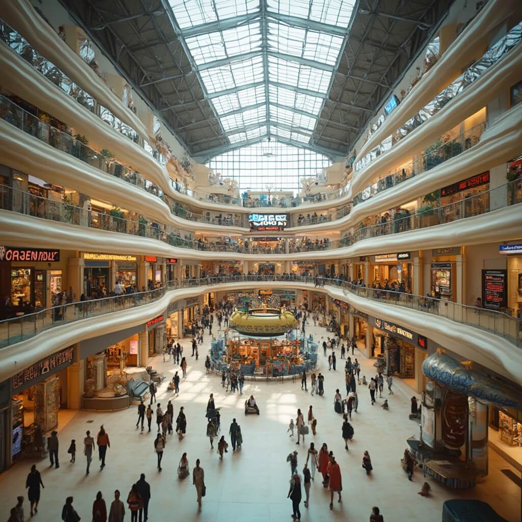Interior view of Mall of America with multi-level shops, busy walkways, and Nickelodeon Universe amusement park in the background