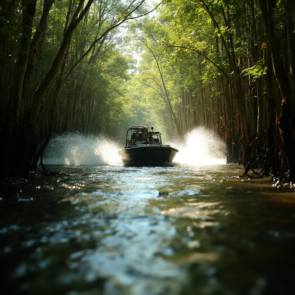 Airboat speeding through narrow mangrove tunnels with water spray and sunlight filtering through dense green canopy