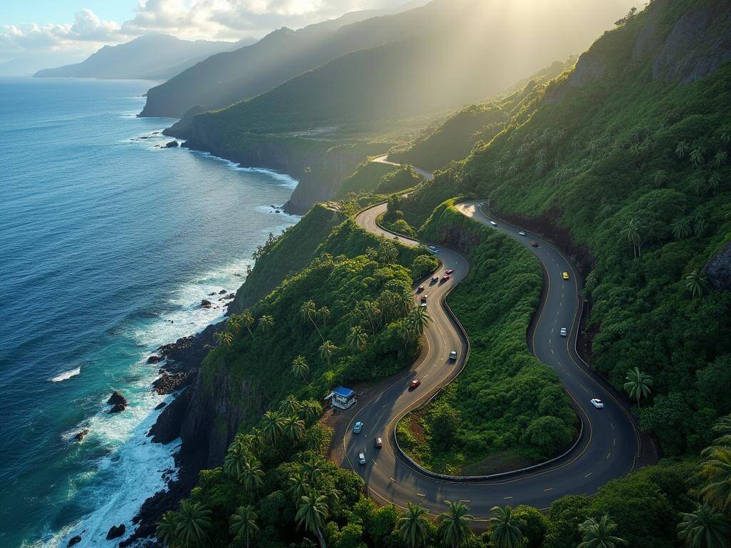 Panoramic view of Hana Highway winding through lush Maui landscape with blue ocean and rocky coast in distance