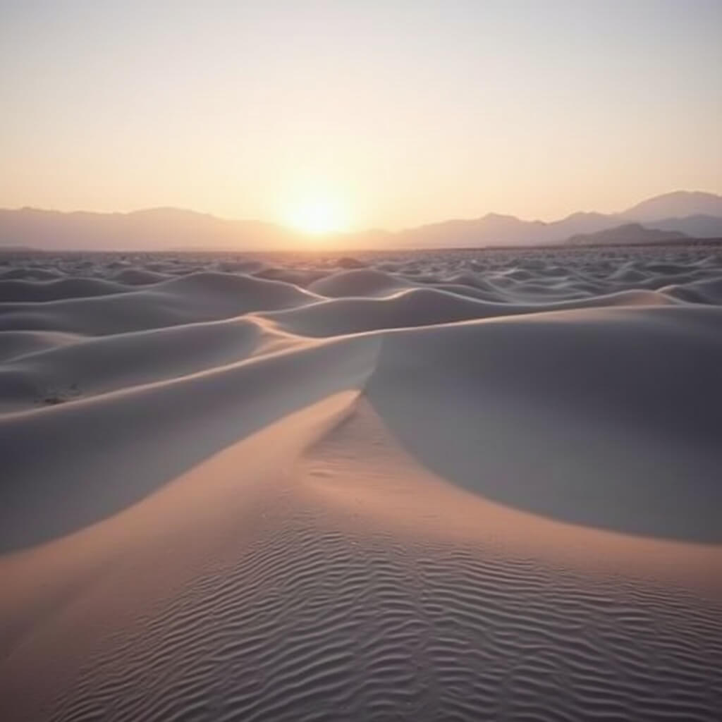 Dramatic sunrise over Mesquite Flat Sand Dunes with long shadows, smooth wind-sculpted sand patterns, distant mountain silhouettes, and pastel sky