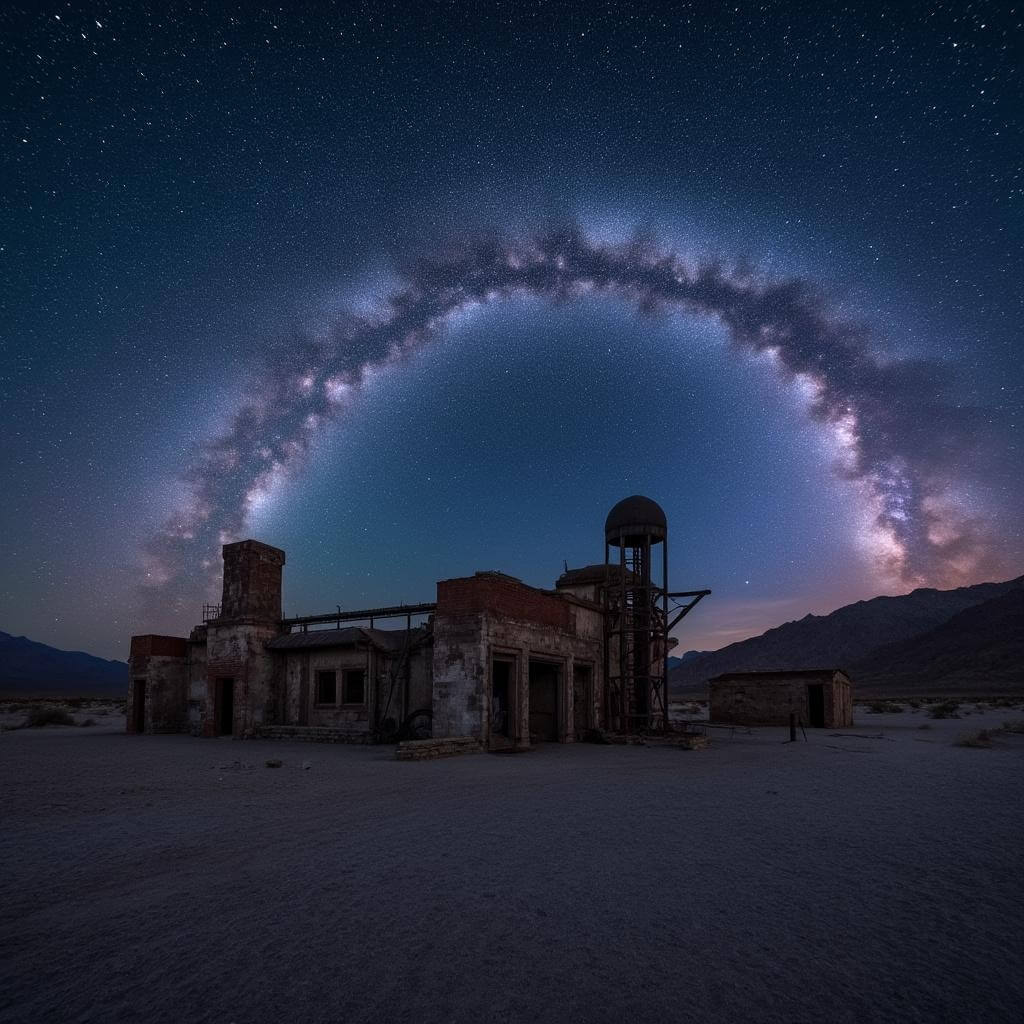 Nighttime view of Milky Way galaxy over the ruins of Harmony Borax Works in Death Valley with silhouettes of historic mining equipment in the foreground