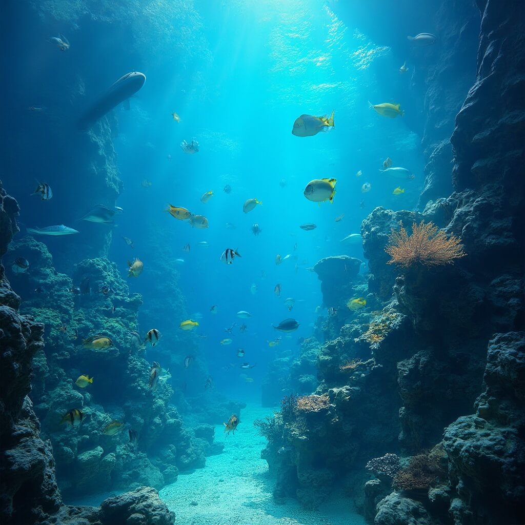 Exotic marine life and colorful fish near coral formations in SEA LIFE Minnesota Aquarium under soft blue lighting