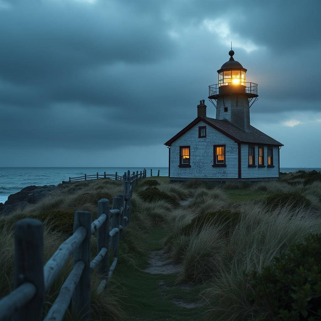 Lighthouse keeper's house glowing warmly at dusk, surrounded by wind-swept grass and coastal vegetation with misty ocean background and storm clouds on horizon