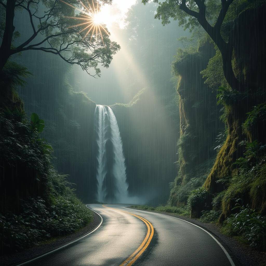 Winding road through rainforest during a light shower with sun rays breaking through the canopy and a waterfall cascading down a mossy cliff in the background